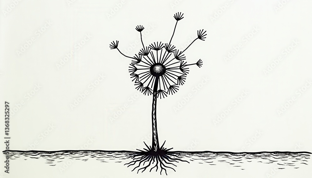 Obraz premium Abstract black and white flower illustration with roots 