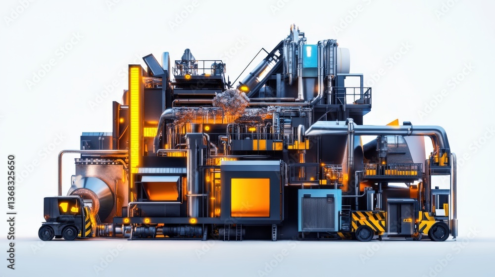 A complex futuristic industrial machine design illuminated with orange lighting A complex futuristic industrial machine design illuminated with orange lighting
