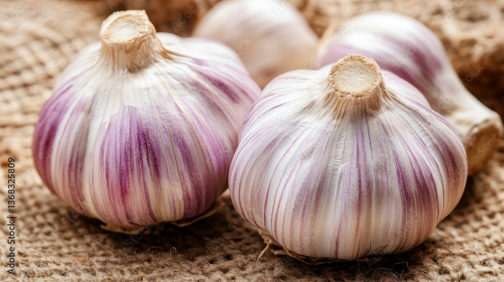 Obraz premium Close up view of several bulbs of fresh garlic resting