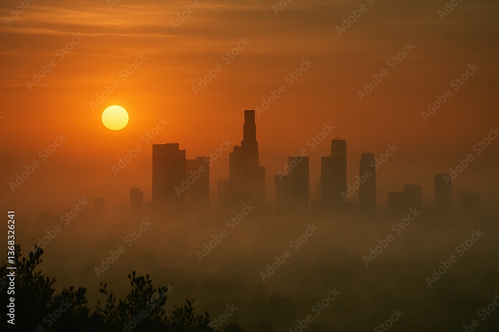 Naklejka premium Sunset Over Los Angeles Skyline Silhouette with Fog