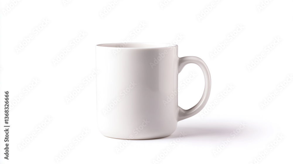 Fototapeta premium A simple white ceramic mug with a handle on a white background in a studio setting with soft lighting