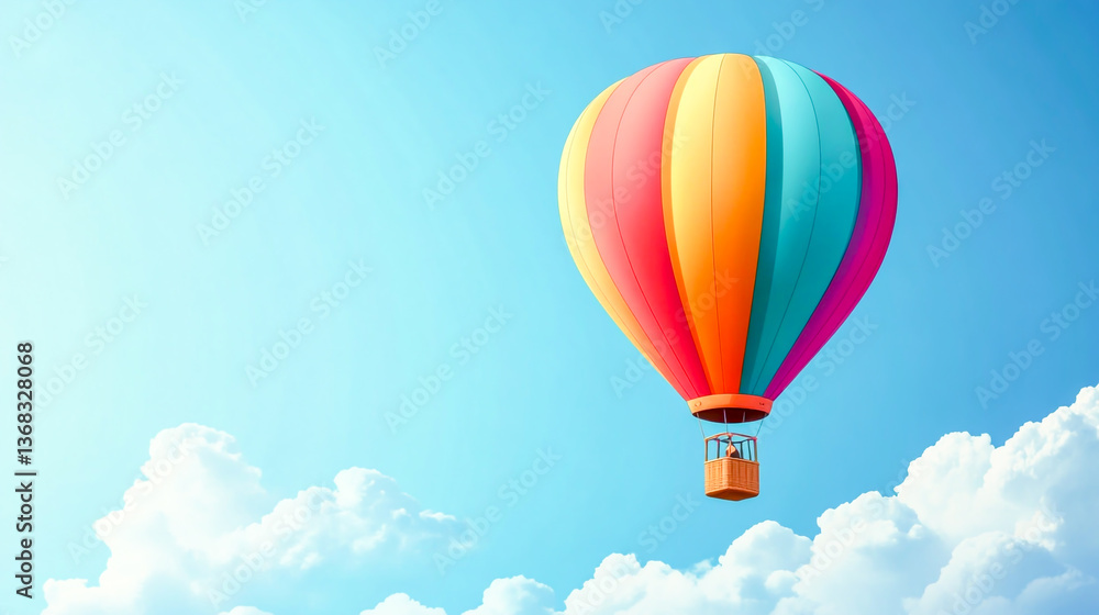 Obraz premium A colorful hot air balloon icon gracefully floating in a bright blue sky with soft, fluffy clouds