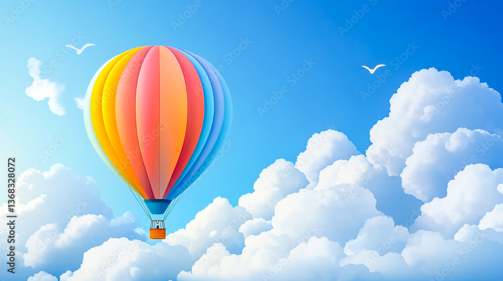 Fototapeta premium A colorful hot air balloon icon gracefully floating in a bright blue sky with soft, fluffy clouds