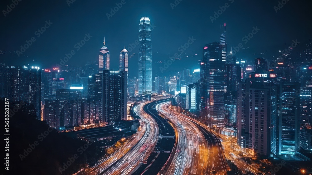 Fototapeta premium Illuminated cityscape showcasing a highway bustling with vehicular light trails
