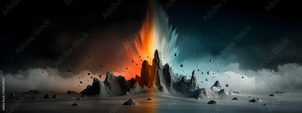 Fototapeta premium A captivating and visualization of a powerful volcanic eruption with molten lava and explosive forces shaping a surreal and mysterious mountainous terrain