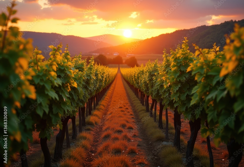 Naklejka premium vibrant vineyard rows sunset landscape colors rich harvest grapevines scenic beauty nature, garden, scenery, silhouette, twilight, meadow, field, soil, wine