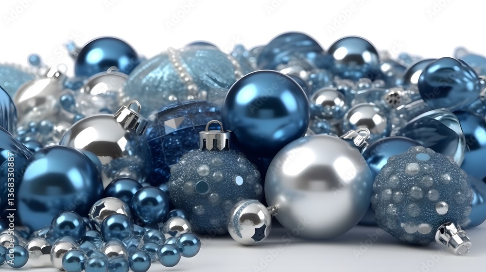 Sophisticated Arrangement of Blue and Silver Christmas Ornaments on Pure White Background for the New Year Sophisticated Arrangement of Blue and Silver Christmas Ornaments on Pure White Background for the New Year