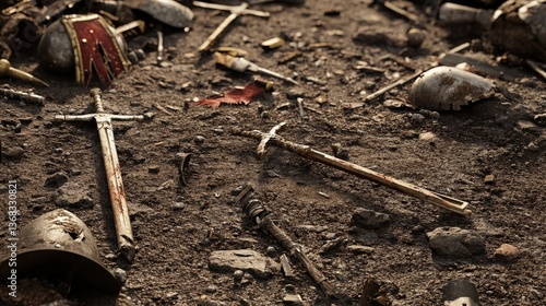 Wallpaper Mural A 3D medieval battlefield ground with dirt, broken weapons, and scattered armor pieces. Torontodigital.ca