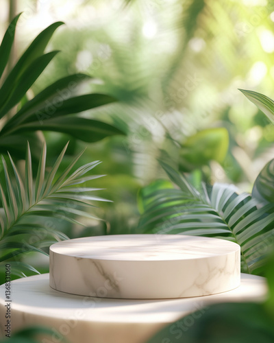 Stone podium surrounded by lush tropical greenery