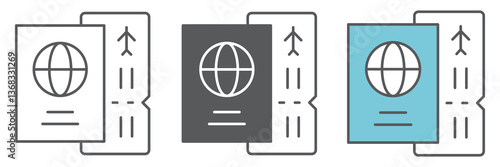 Passport with ticket icon collection, travel and tourist, passport vector icon set, vector graphics, editable stroke outline sign, eps 10