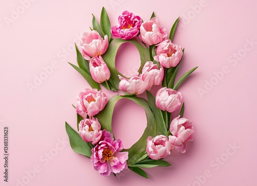 Wallpaper Mural Pink tulips and peonies in the shape of the number "8" on a pastel pink background, flat lay top view stock photo contest winner, in paper cut art style, minimalist flat view. Torontodigital.ca