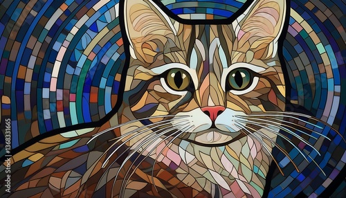 A tabby cat caught in mosaic form. Illustration of a tabby cat taken in mosaic form