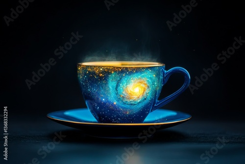 Decorative teacup or coffee cup with galaxy design, cosmic starscape pattern on fantasy porcelain drinkware
