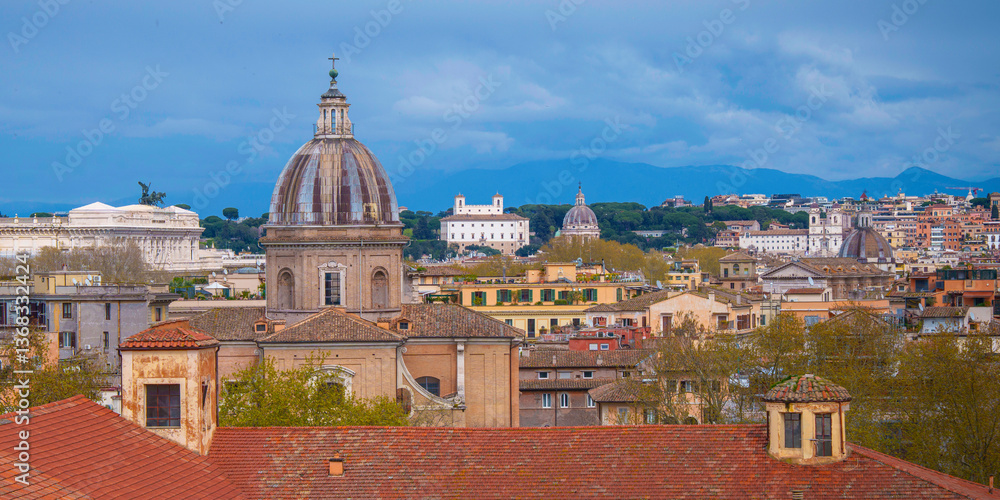 Fototapeta premium Rome City Skyline with Landmark Architecture and Basilica Domes – Panoramic View from Janiculum Hill, Italy