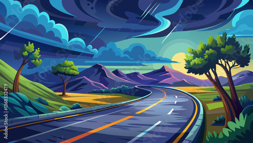 Empty curved wet road against stormy clouds