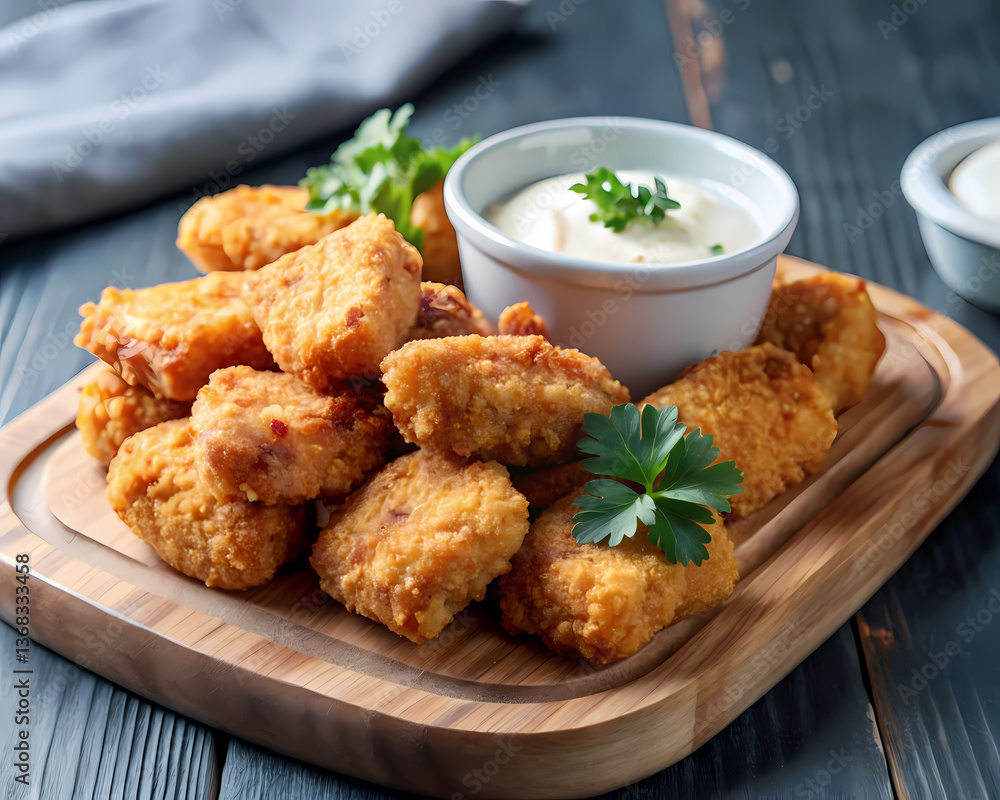 Close-up of golden fried nuggets on a wooden cutting board with a bowl of creamy garlic aioli. Close-up of golden fried nuggets on a wooden cutting board with a bowl of creamy garlic aioli.