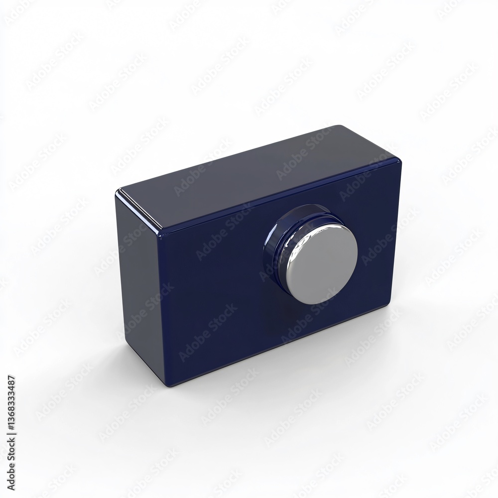 Fototapeta premium Dark blue rectangular block with a silver circular knob. Simple, modern design