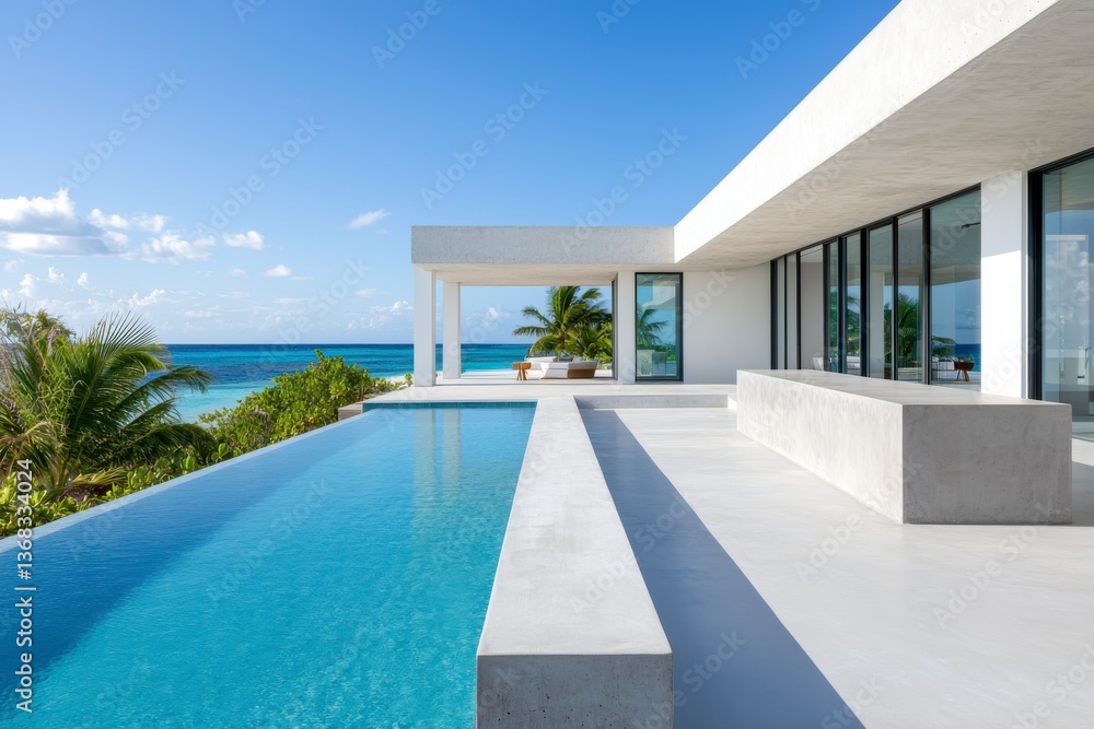 Fototapeta premium Modern Beachfront Villa with Pool Overlooking Clear Blue Water
