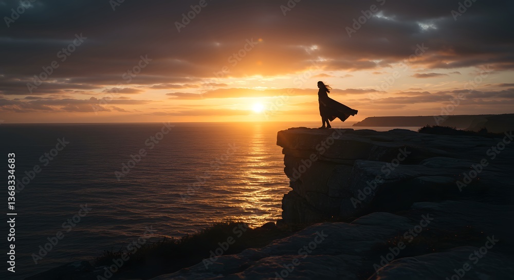 Silhouette of a woman standing on a cliff overlooking the ocean at sunset with dramatic sky view scene Silhouette of a woman standing on a cliff overlooking the ocean at sunset with dramatic sky view scene