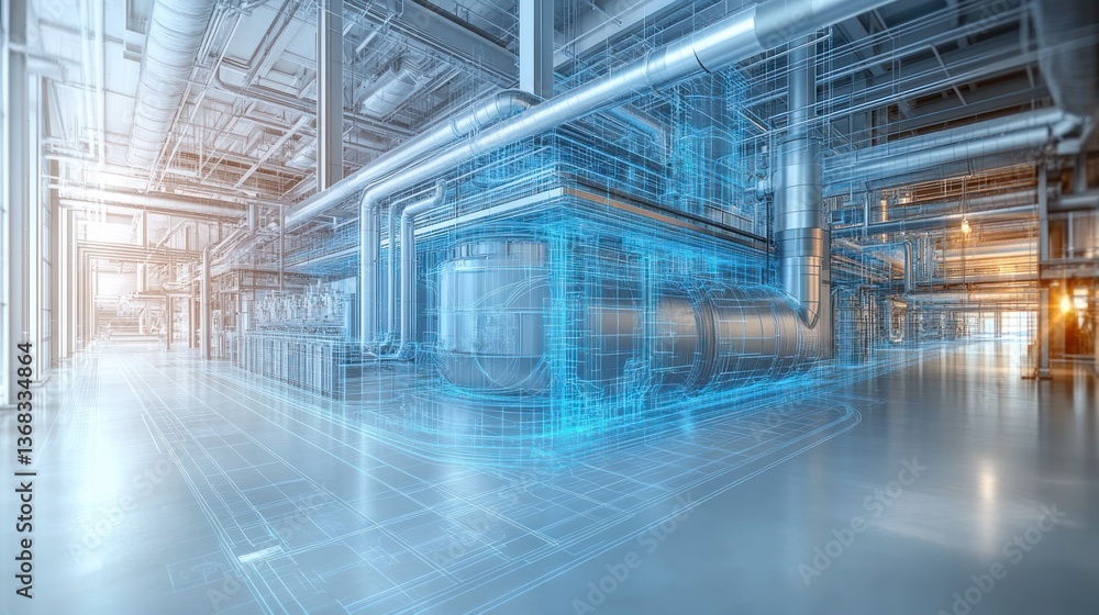 Industrial Facility Digital Blueprint Overlay: Modern Engineering and Design Visualization Industrial Facility Digital Blueprint Overlay: Modern Engineering and Design Visualization