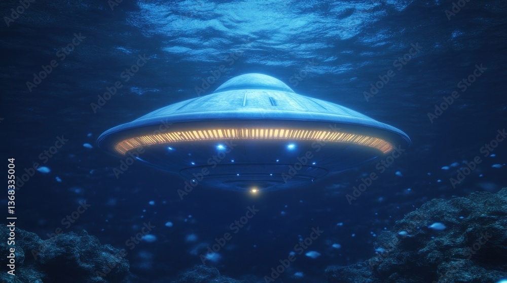 A Futuristic Flying Saucer Underwater Surrounded By Oceanic Environment A Futuristic Flying Saucer Underwater Surrounded By Oceanic Environment