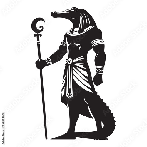 Commanding Sobek silhouette, overseeing the kingdom - Sobek illustration - Sobek vector - Egyptian god silhouette - Egyptian silhouette

