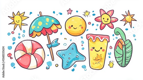 Colorful Summer Icons with Smiling Faces and Fun Elements