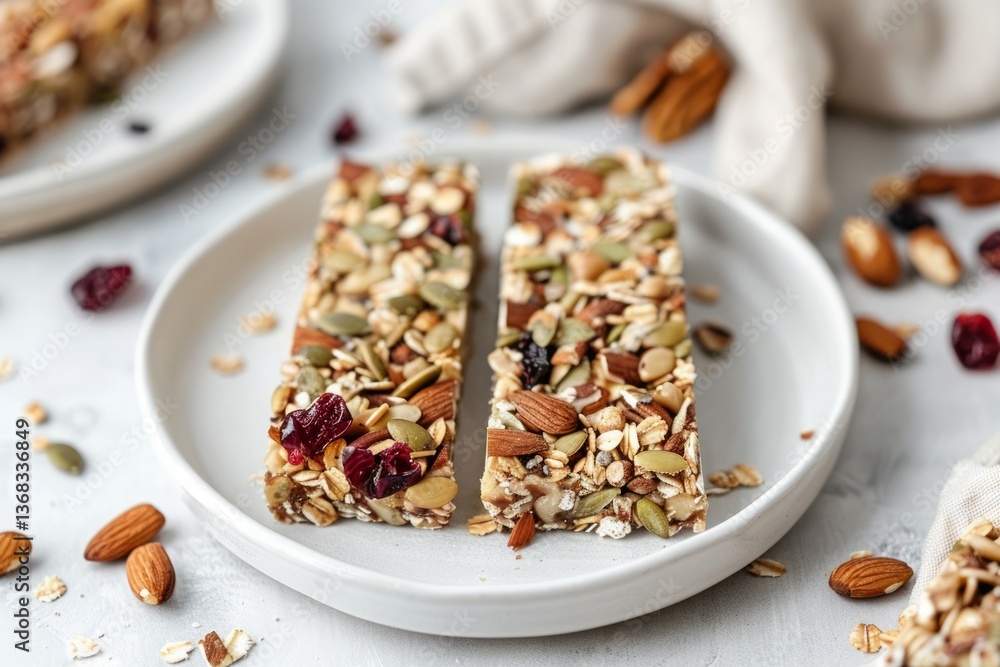 Granola bars on gray plate with nut and seed toppings. Artificial intelligence image Granola bars on gray plate with nut and seed toppings. Artificial intelligence image