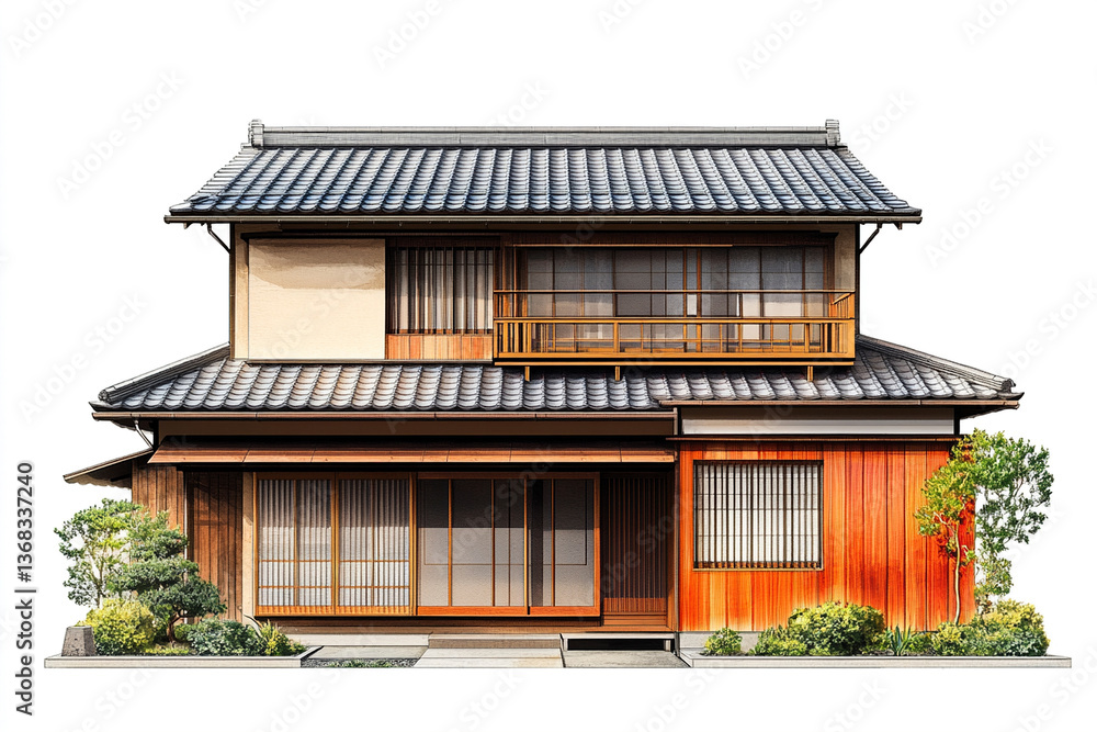Traditional Japanese house with wooden elements and garden on white background Traditional Japanese house with wooden elements and garden on white background