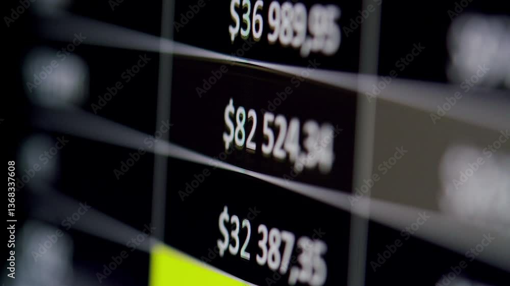 Finance data, Close-up of financial cash flow stocks bitcoin data on PC screen. Tax report year declaration.