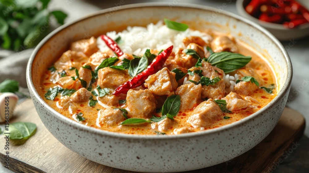 Aromatic Chicken Curry with Rice. A bowl of creamy, spicy chicken curry, topped with fresh herbs and red chili peppers, served over a bed of white rice. Aromatic Chicken Curry with Rice. A bowl of creamy, spicy chicken curry, topped with fresh herbs and red chili peppers, served over a bed of white rice.
