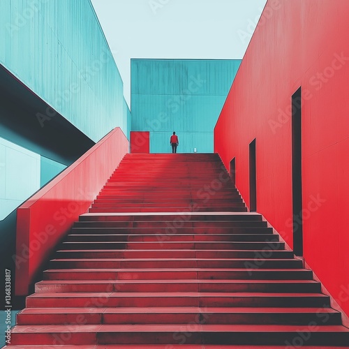 A captivating red staircase elevates a solitary figure, merging architecture with human presence beautifully.