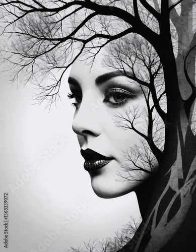 A black and white portrait of a woman in profile, her face entwined with delicate tree branches, symbolizing the harmony between humanity and nature