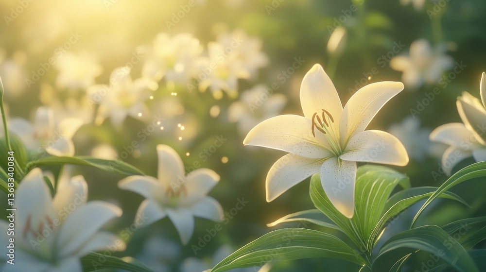 A serene field of blooming white lilies illuminated by soft sunlight. A serene field of blooming white lilies illuminated by soft sunlight.