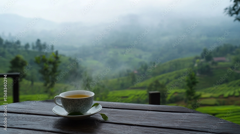 A cup of tea on a wooden table overlooking a misty green landscape on a cloudy day in the mountains A cup of tea on a wooden table overlooking a misty green landscape on a cloudy day in the mountains
