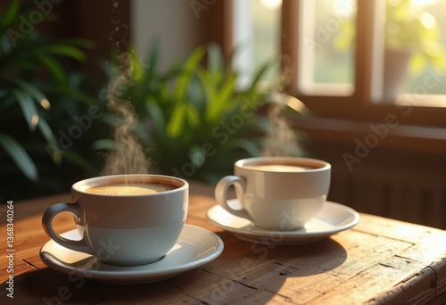 Wallpaper Mural two elegant ceramic coffee cups rustic wooden table warm morning light casual dining atmosphere, kitchen, breakfast, decor, utensils, food, beverage Torontodigital.ca