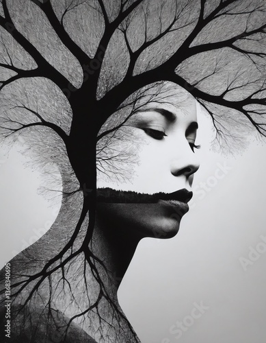 A woman's profile merges with tree branches and a dark horizon, symbolizing the connection between humanity and nature