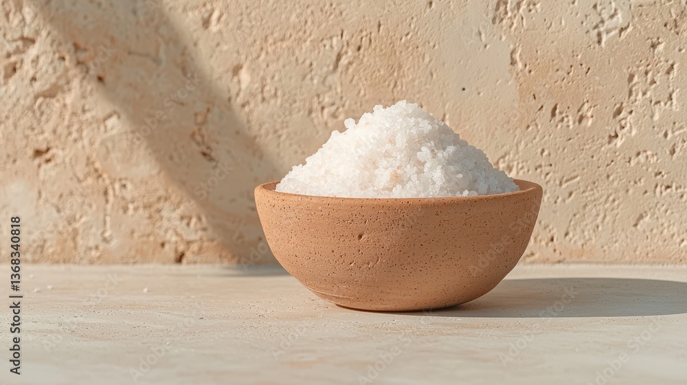 Sea Salt in Clay Bowl on Stone Surface, Minimalist Still Life with Soft Lighting and Texture Sea Salt in Clay Bowl on Stone Surface, Minimalist Still Life with Soft Lighting and Texture