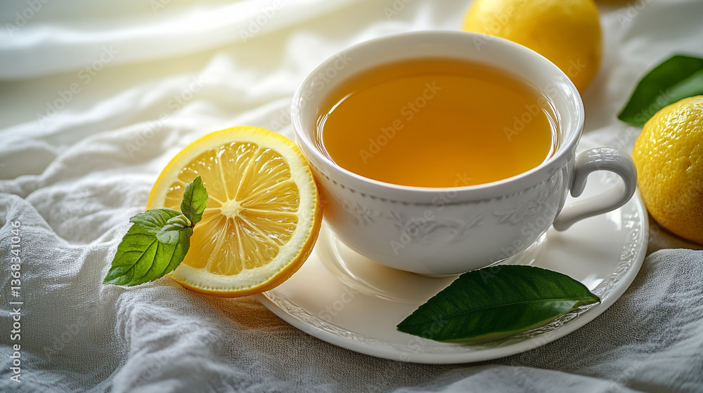 A cup of lemon tea with lemon slice and basil leaf on a white saucer and crumpled white cloth background A cup of lemon tea with lemon slice and basil leaf on a white saucer and crumpled white cloth background