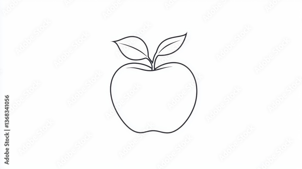 Fototapeta premium Simple Outline of an Apple with Leaves on a White Background