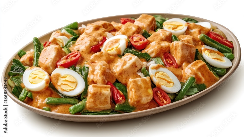 Spicy Chicken Salad with Rice and Eggs on Dish Spicy Chicken Salad with Rice and Eggs on Dish