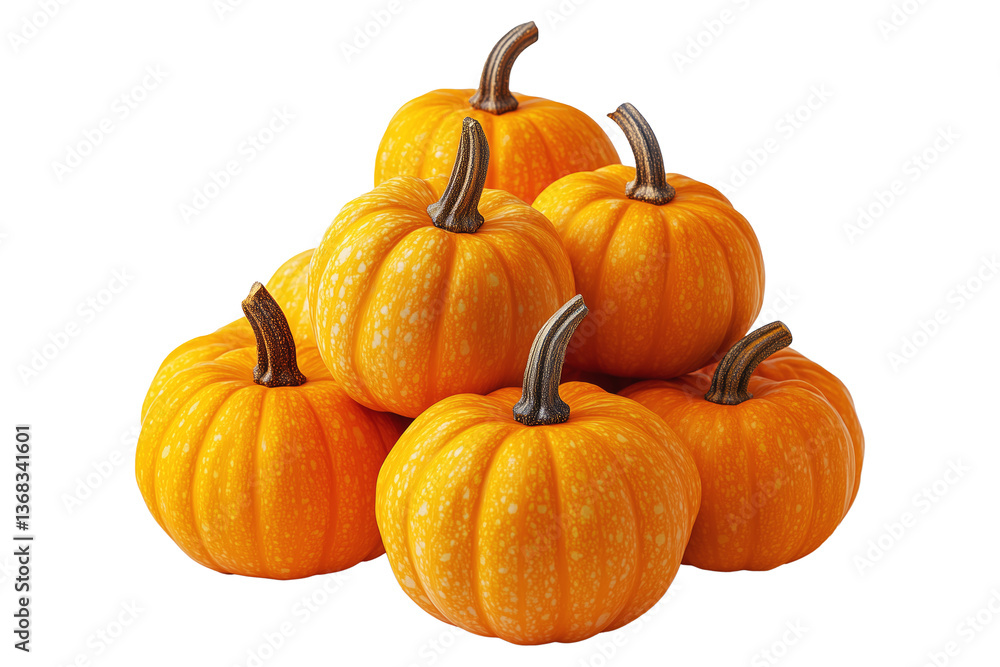 Obraz premium A pyramid arrangement of bright yellow pumpkins with brown stems isolated on white transparent background. Symbolizing autumn, harvest, and seasonal decoration
