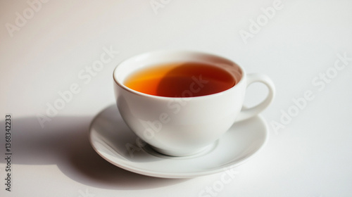Wallpaper Mural A white teacup filled with dark tea sits on a matching saucer against a plain white background in studio light Torontodigital.ca