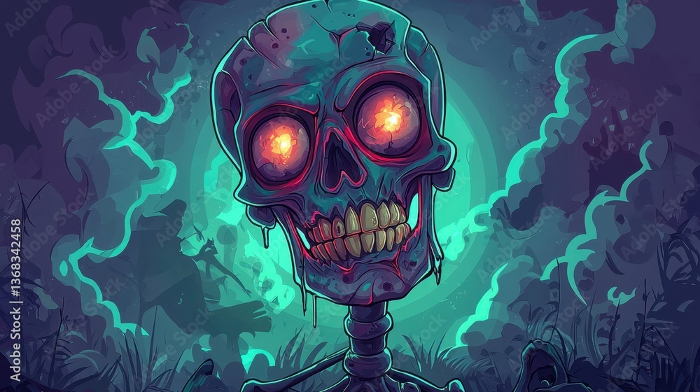 A vibrant, eerie illustration of a skeleton with glowing eyes, surrounded by a mystical, foggy atmosphere, evoking themes of the supernatural and macabre. A vibrant, eerie illustration of a skeleton with glowing eyes, surrounded by a mystical, foggy atmosphere, evoking themes of the supernatural and macabre.