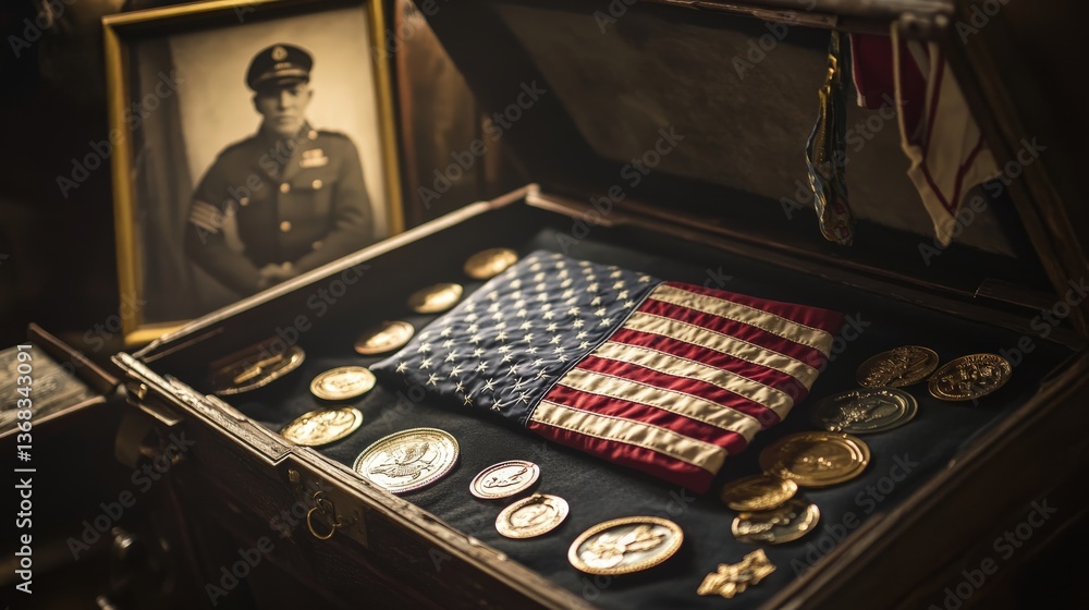 Fototapeta premium A patriotic display featuring vintage war artifacts and remembrance