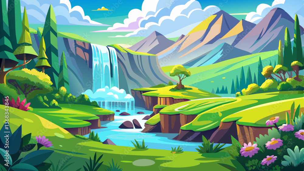 A vibrant summer landscape with a shimmering waterfall nestled between grassy green hills A vibrant summer landscape with a shimmering waterfall nestled between grassy green hills