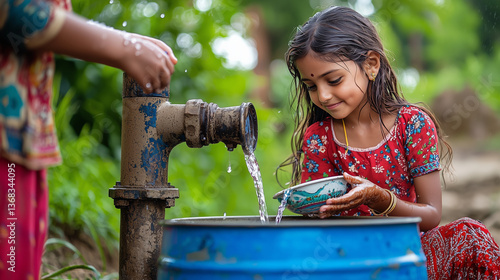 Sustainable Development Goals Concept, Young Girl Collecting Water from Rural Hand Pump India Child Poverty