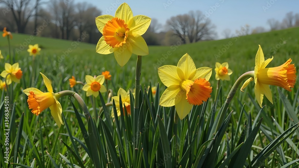 Yellow daffodils in a green meadow. Nature background wallpaper. Yellow daffodils in a green meadow. Nature background wallpaper.
