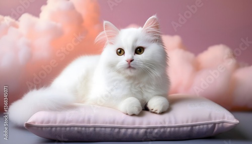 Valokuva Beautiful White Cat peacefully Relaxing on a Cosy Pillow surrounded by fluffy cottony Clouds