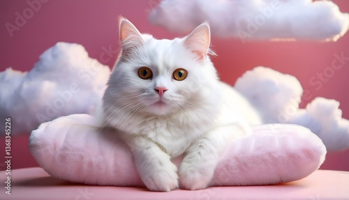 фотографія Beautiful White Cat peacefully Relaxing on a Cosy Pillow surrounded by fluffy cottony Clouds